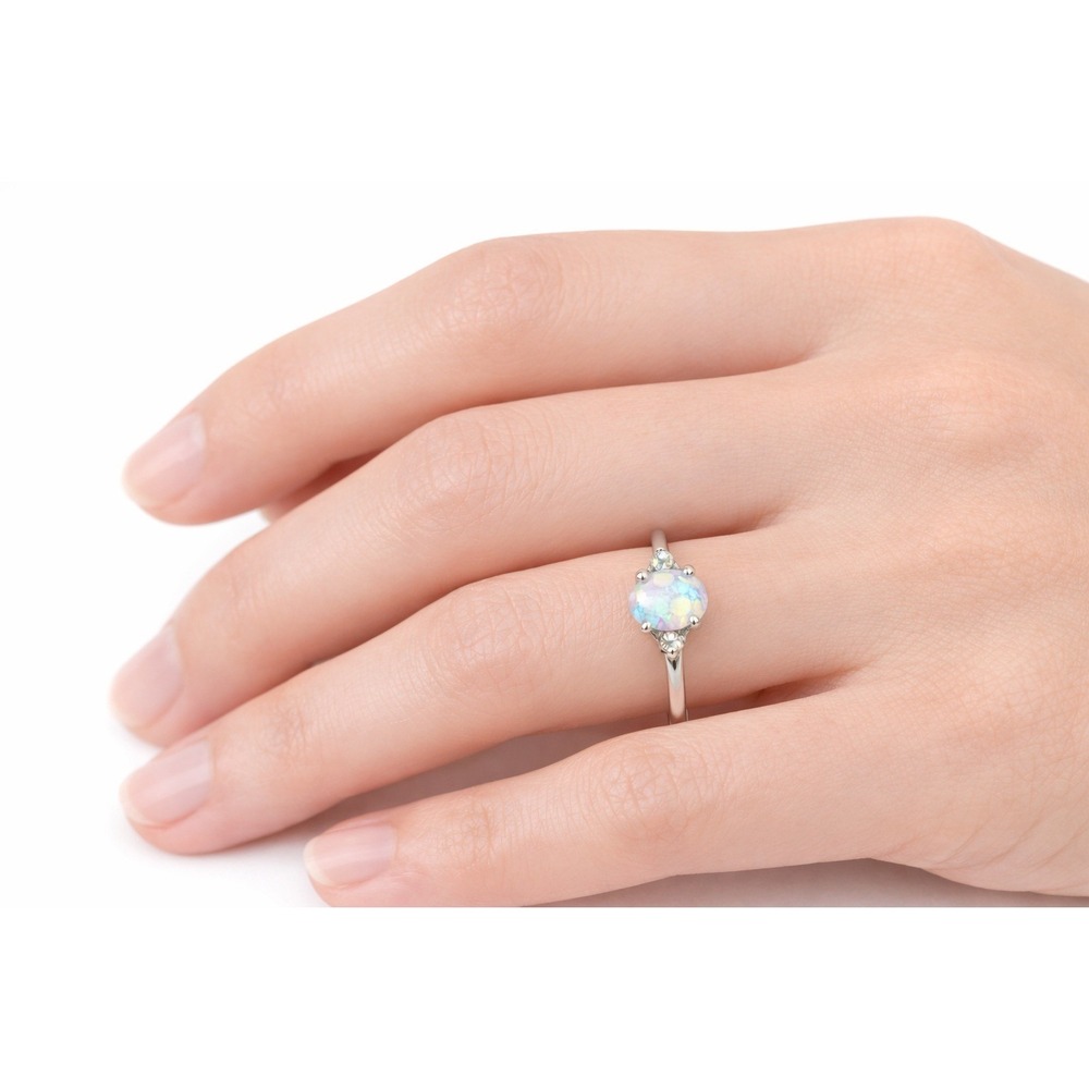 Oval OPAL Solitaire Silver-tone Ring with Side Stones – SIZE 7